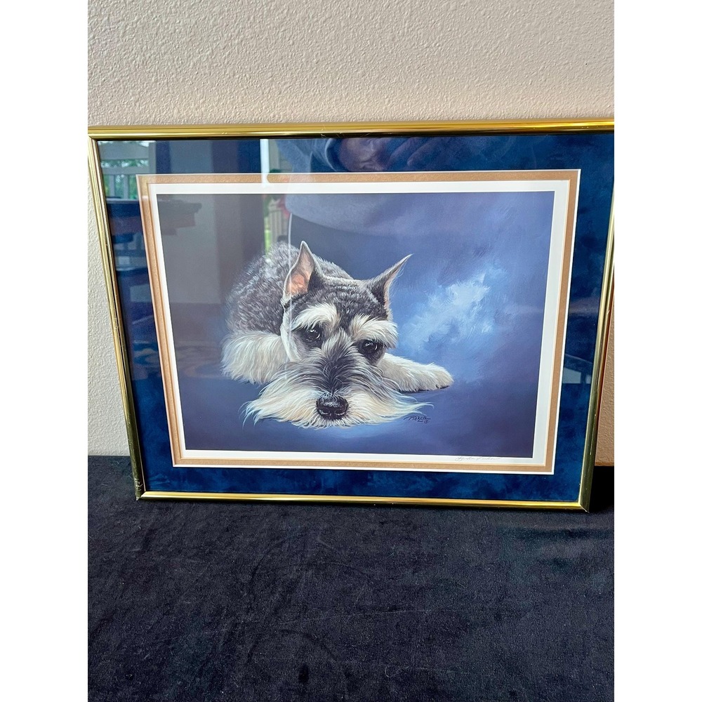 Linda Picken Schnauzer Print Signed Framed Vintage 1980s Dog Art 15x12
